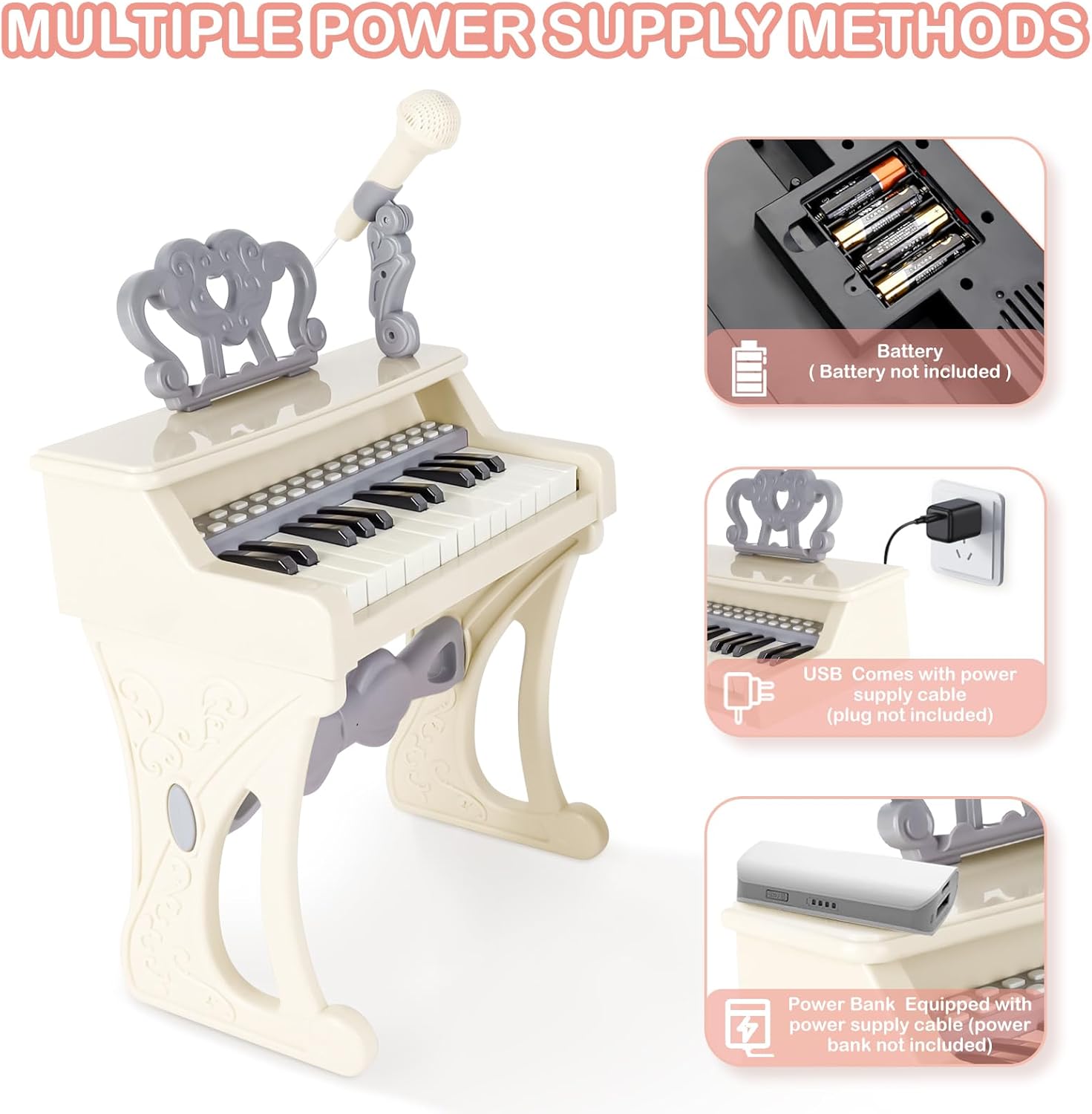 deAO Toddler Piano for Kids 3-6 Years - 25 Key Baby Piano Musical Toy with Stool & Microphone-Educational Toys Birthday Christmas Girls Gifts (White)